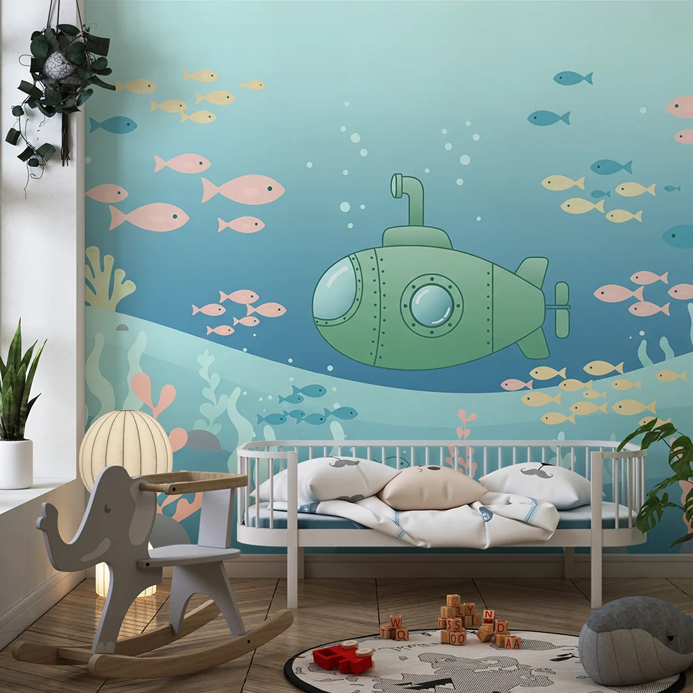 Papel de parede crianç | Submarino e peixes coloridos em um ambiente marinho tranquilo