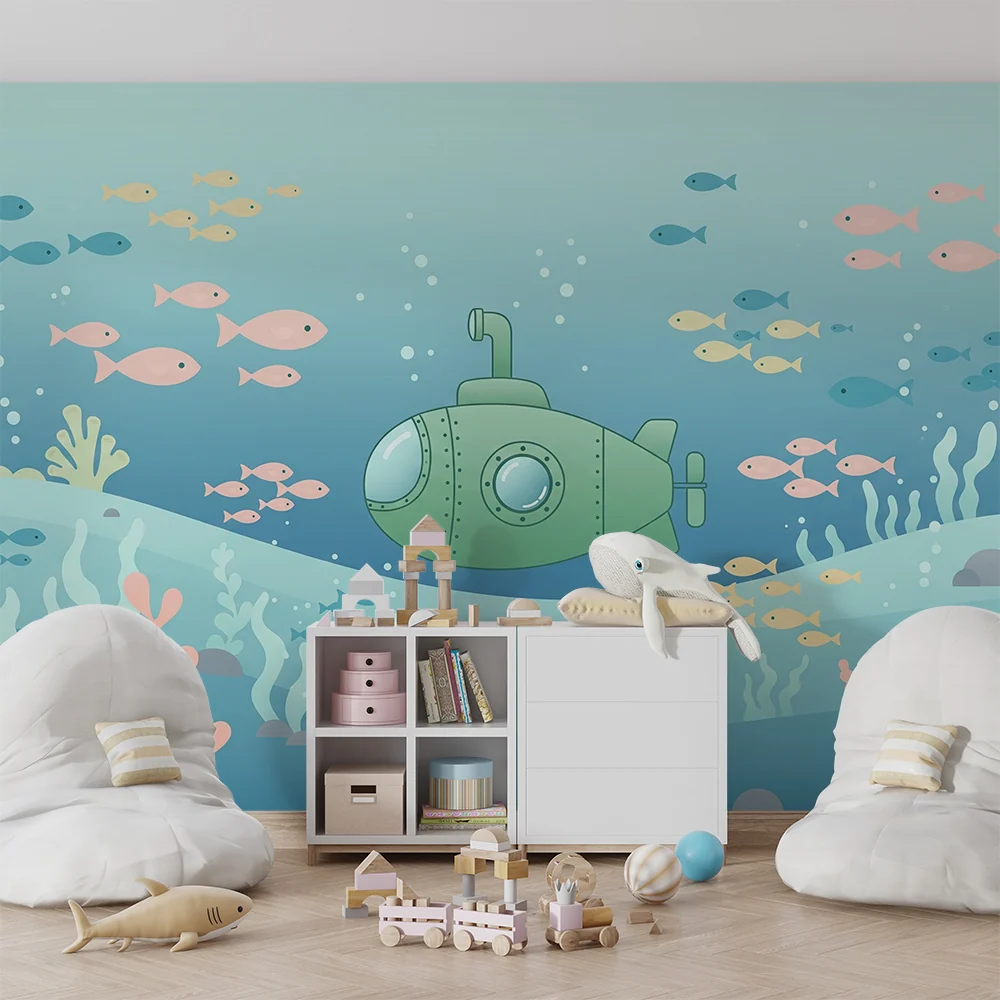 Papel de parede crianç | Submarino e peixes coloridos em um ambiente marinho tranquilo