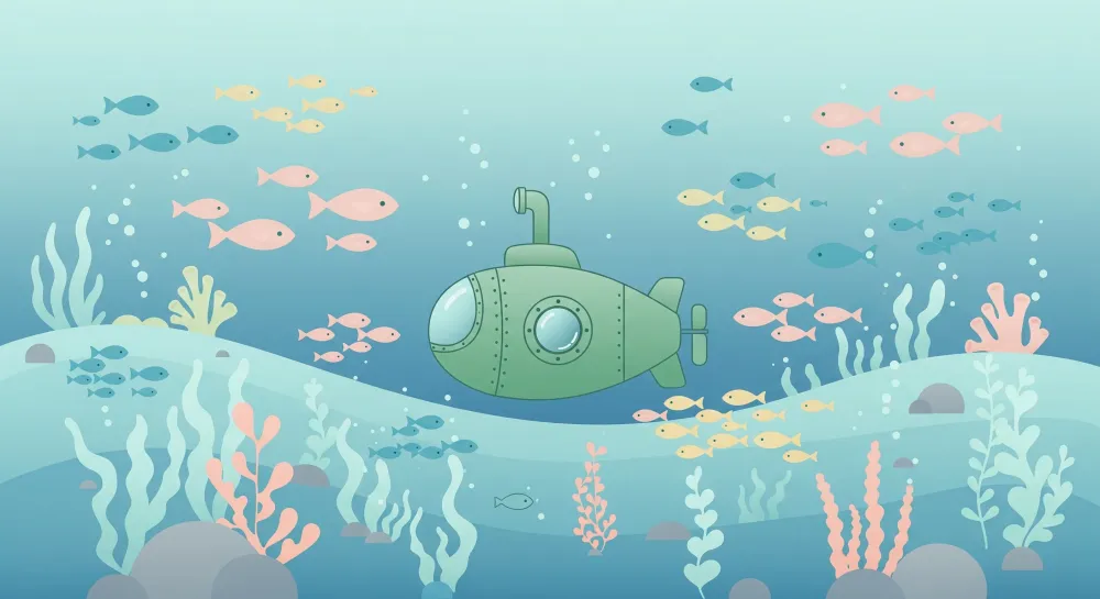 Papel de parede crianç | Submarino e peixes coloridos em um ambiente marinho tranquilo
