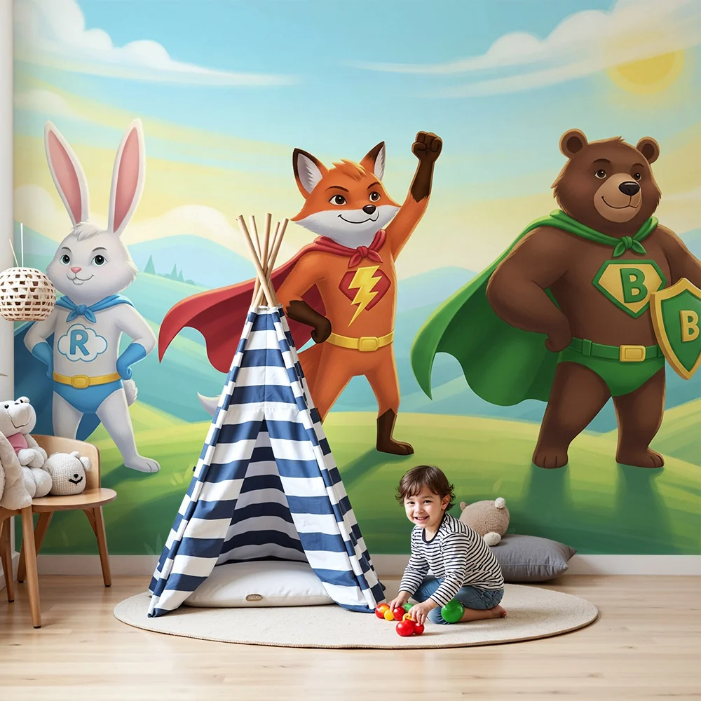 Papel de parede crianç | Super-heróis animais em uma paisagem encantadora