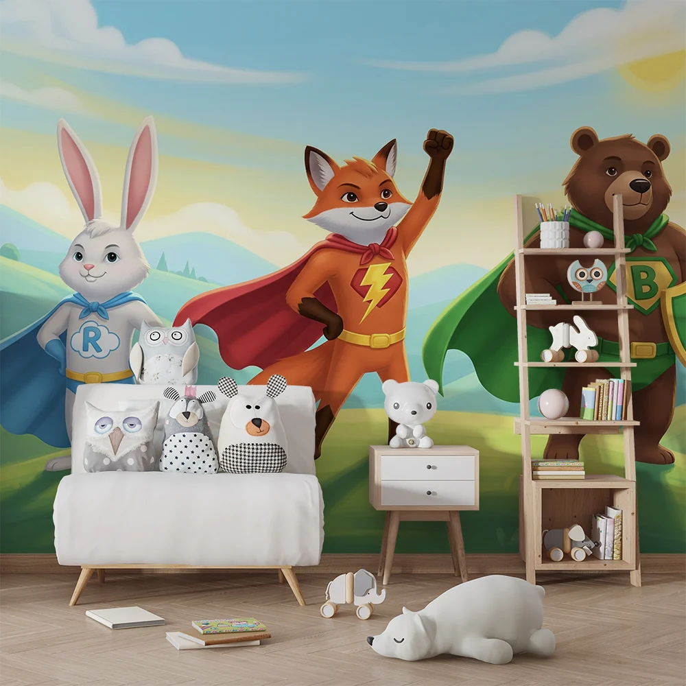Papel de parede crianç | Super-heróis animais em uma paisagem encantadora