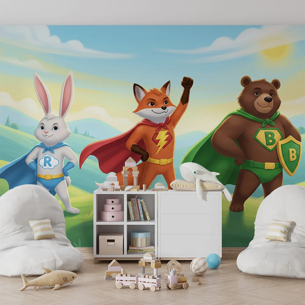 Papel de parede crianç | Super-heróis animais em uma paisagem encantadora