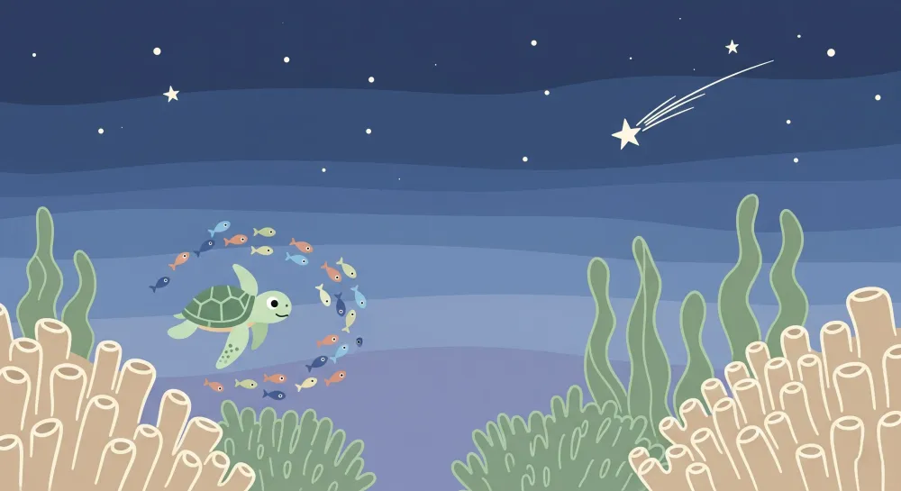 Papel de parede crianç | Tartaruga e peixes sob as estrelas