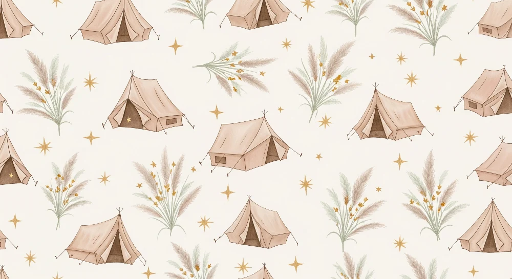 Papel de parede crianç | Tendas de acampamento e folhagem suave em fundo claro