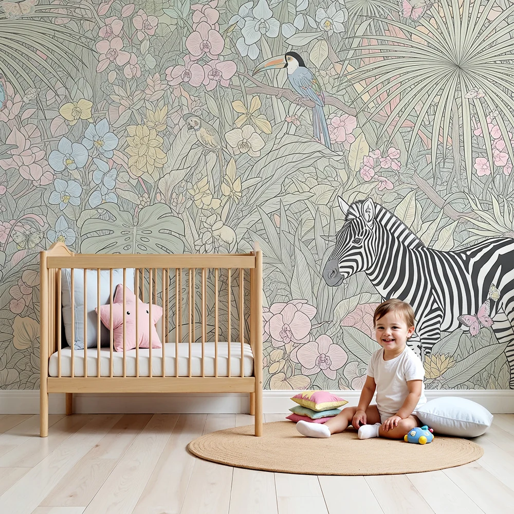 Papel de parede crianç | Tigre e zebra em uma selva floral