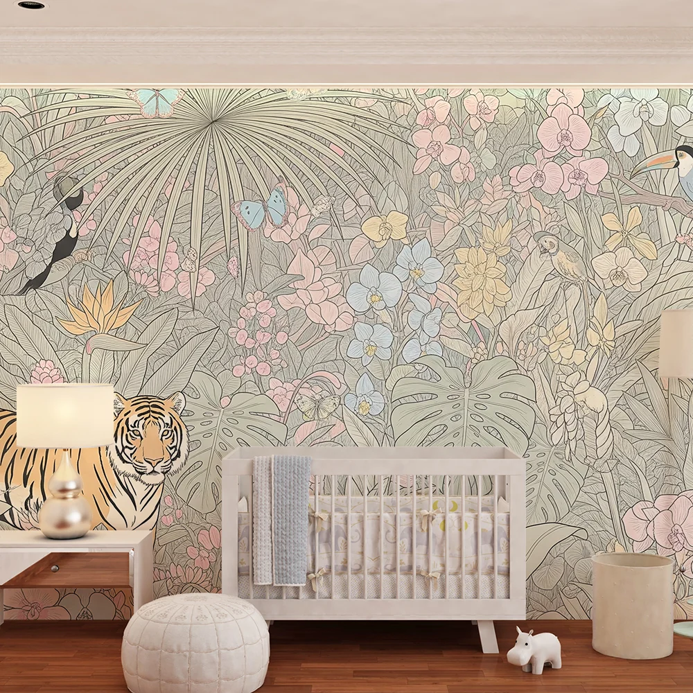 Papel de parede crianç | Tigre e zebra em uma selva floral