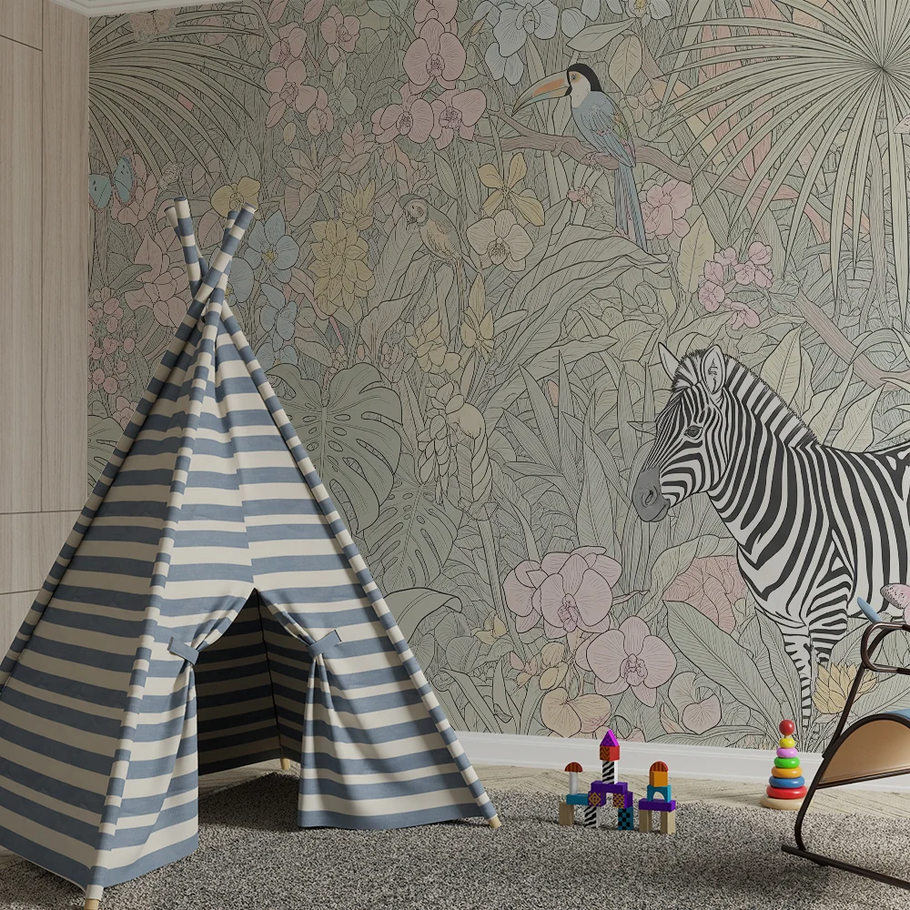 Papel de parede crianç | Tigre e zebra em uma selva floral
