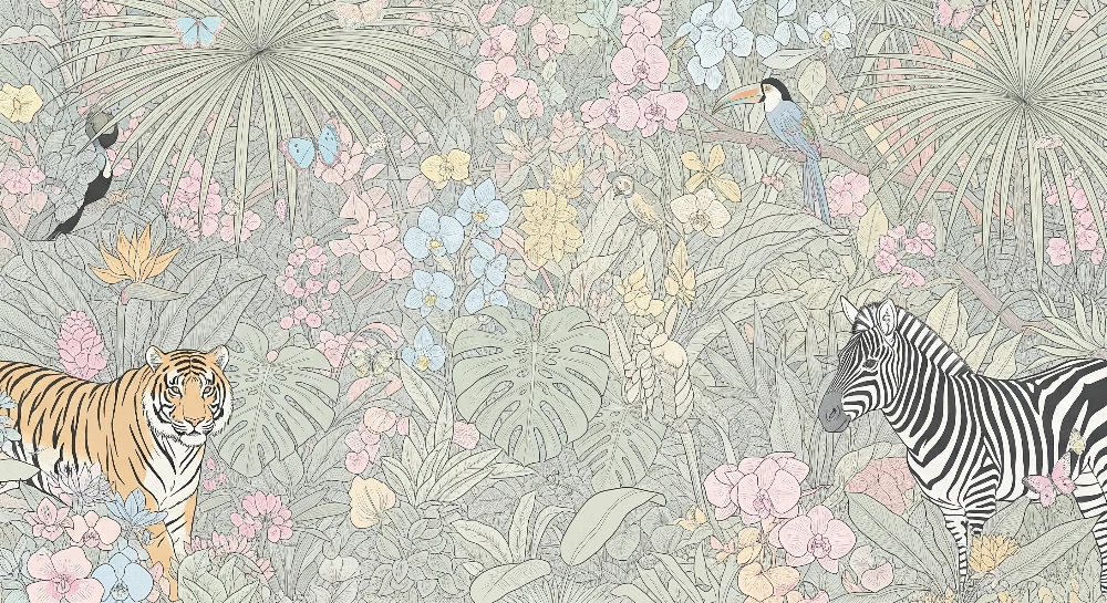 Papel de parede crianç | Tigre e zebra em uma selva floral