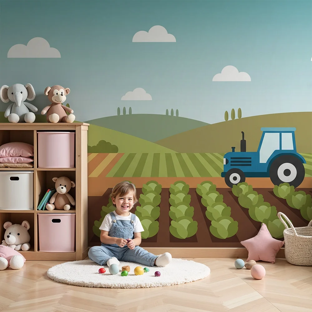 Papel de parede crianç | Tractor e jardim colorido com legumes frescos