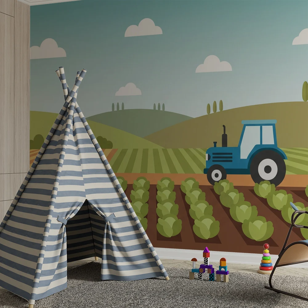 Papel de parede crianç | Tractor e jardim colorido com legumes frescos