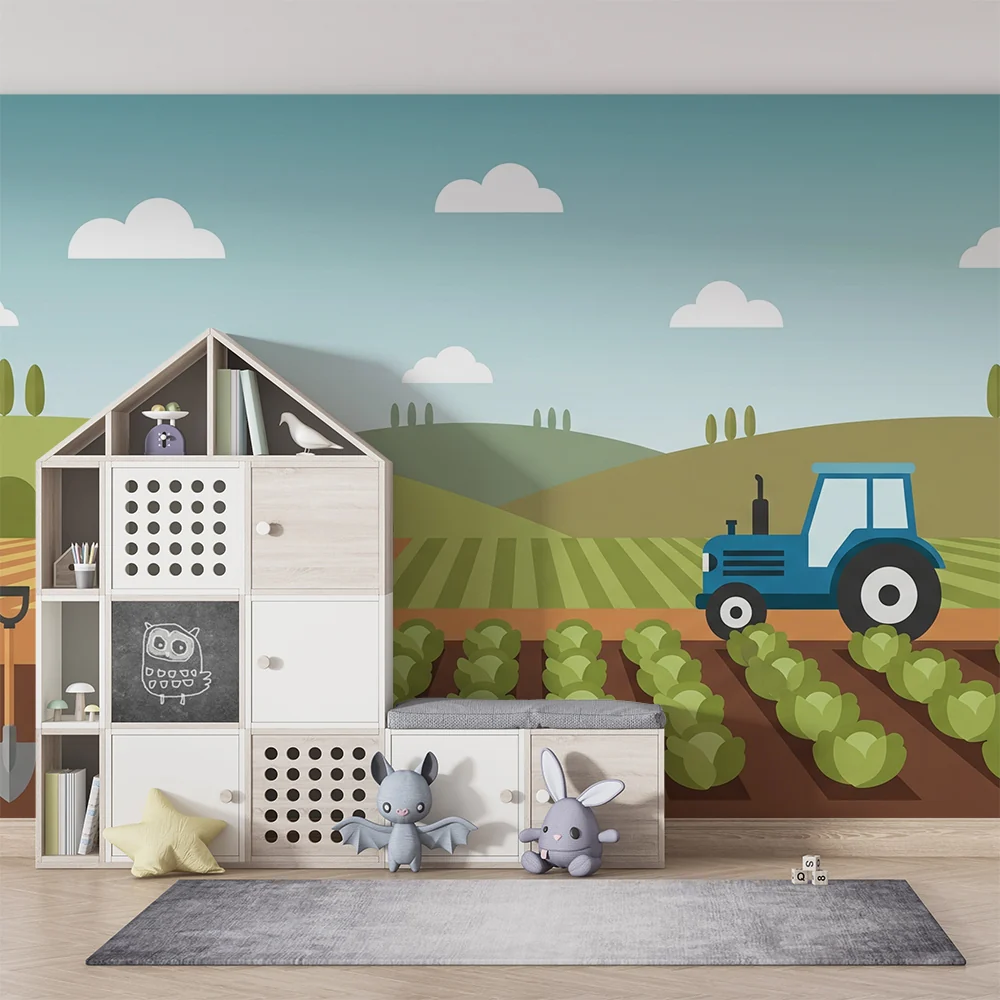 Papel de parede crianç | Tractor e jardim colorido com legumes frescos