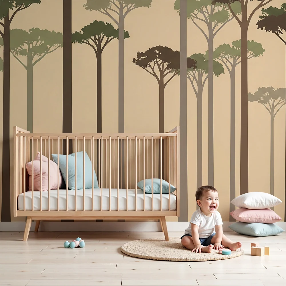 Papel de parede crianç | Tranquilizante floresta com silhuetas de árvores elegantes
