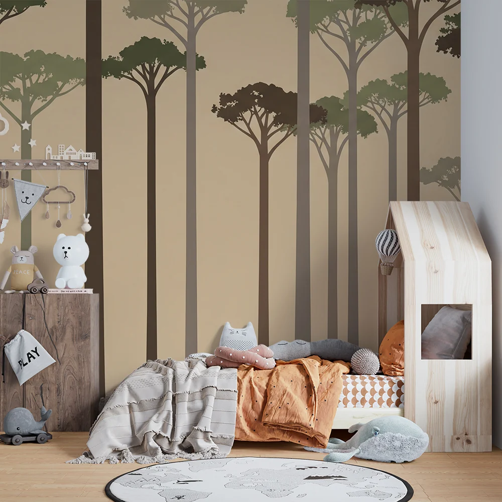 Papel de parede crianç | Tranquilizante floresta com silhuetas de árvores elegantes