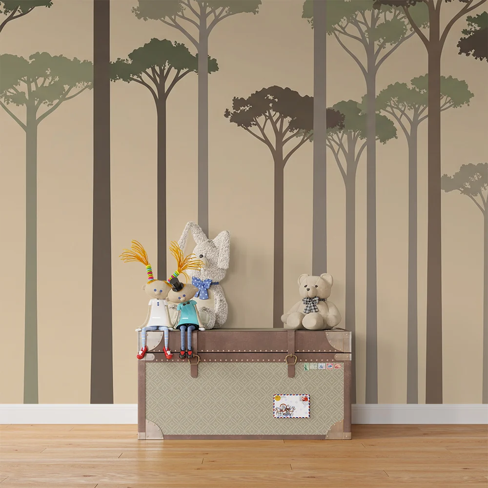 Papel de parede crianç | Tranquilizante floresta com silhuetas de árvores elegantes