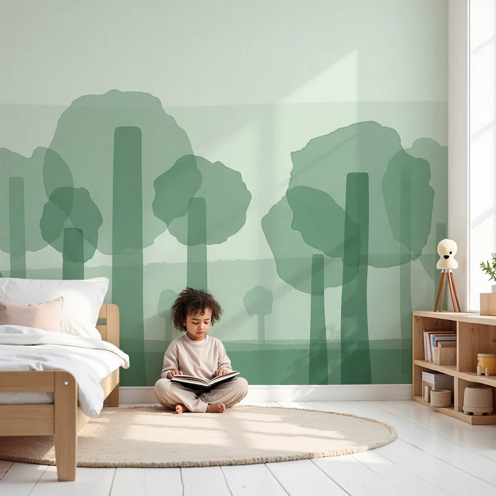 Papel de parede crianç | Tranquilizante floresta com árvores estilizadas em tons de verde