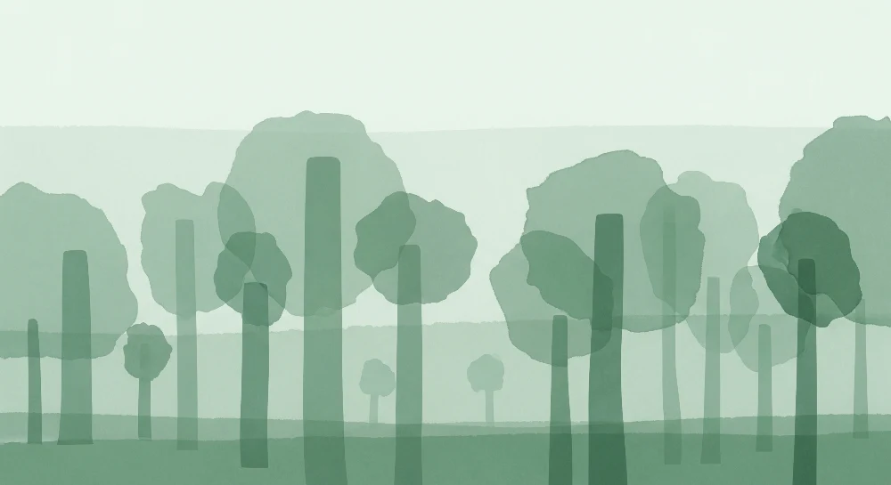 Papel de parede crianç | Tranquilizante floresta com árvores estilizadas em tons de verde