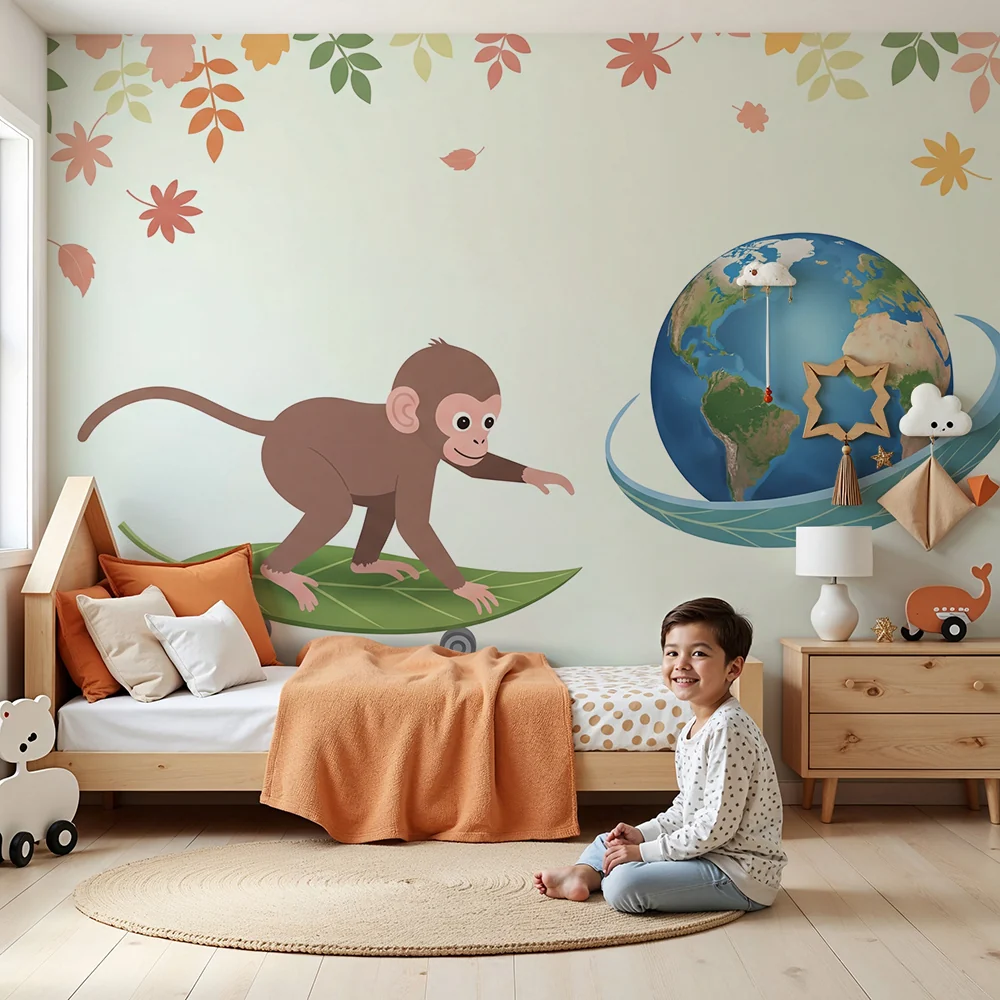 Papel de parede crianç | Travesso macaco em uma folha com Terra ao fundo