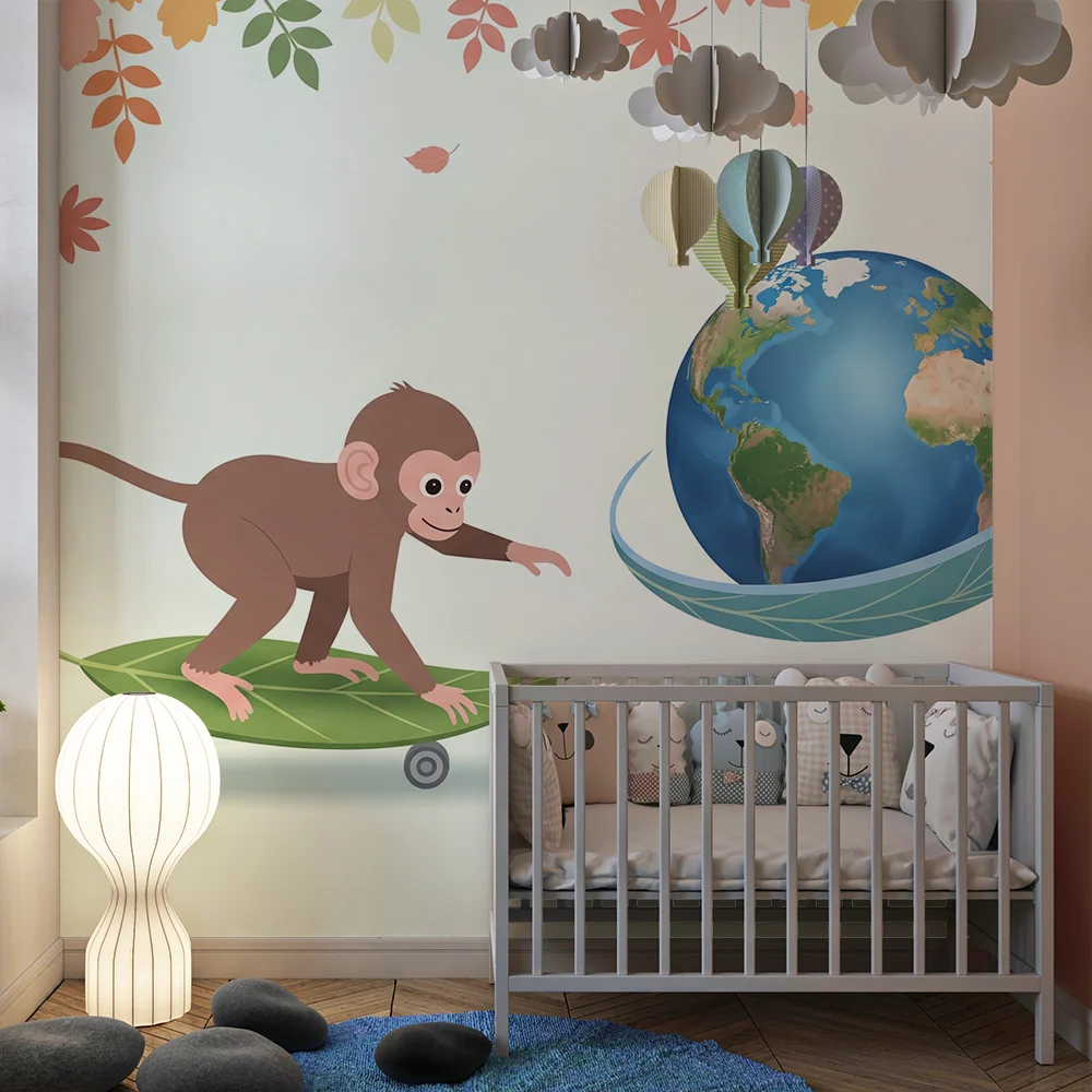 Papel de parede crianç | Travesso macaco em uma folha com Terra ao fundo