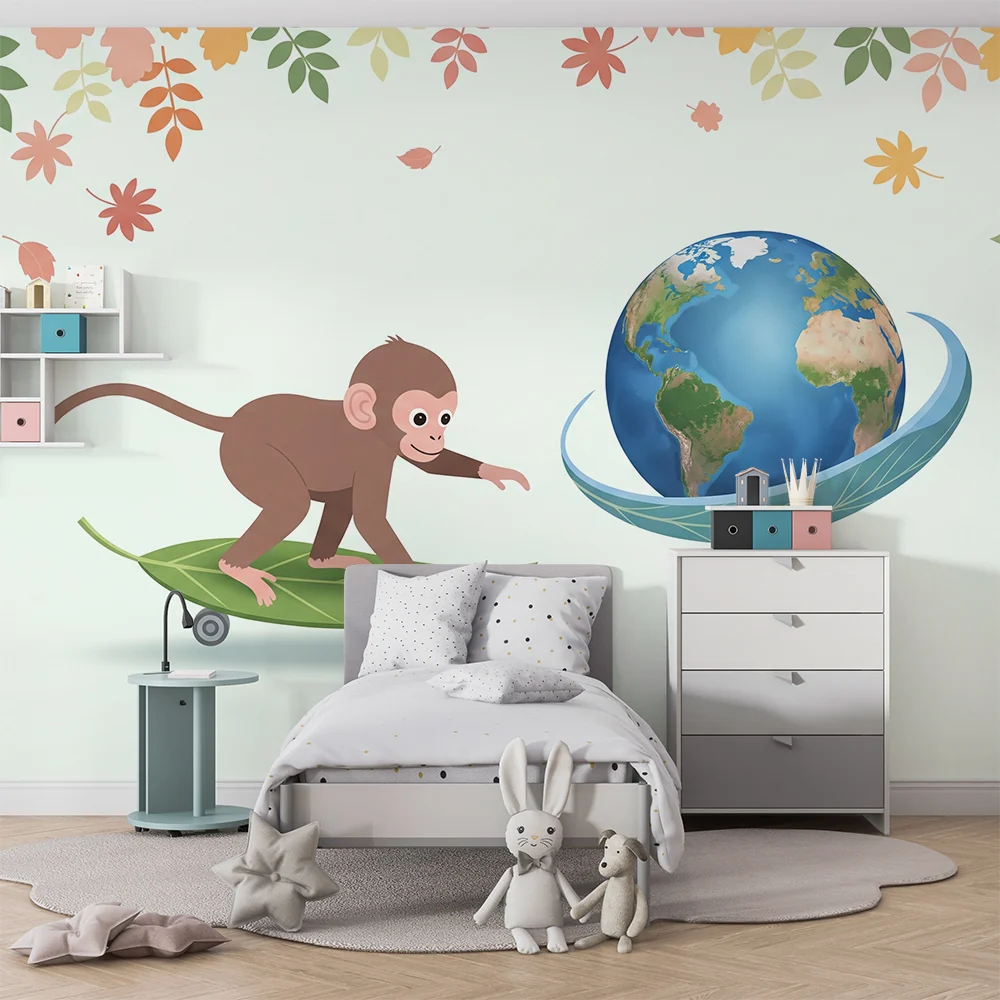 Papel de parede crianç | Travesso macaco em uma folha com Terra ao fundo
