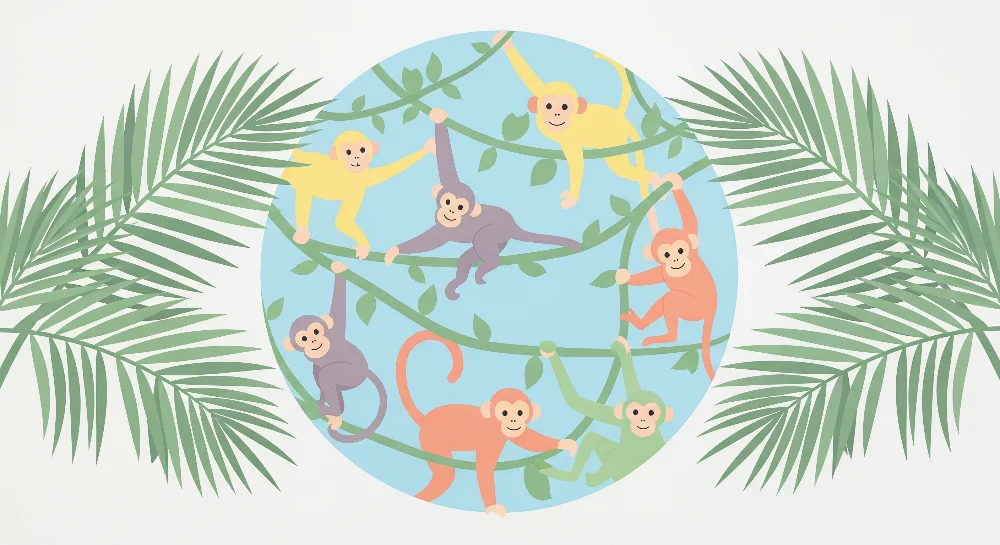 Papel de parede crianç | Travessuras de macacos em uma selva colorida