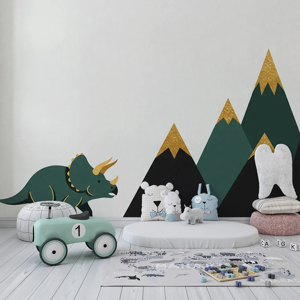 Papel de parede crianç | Triceratops dinossauro e montanhas estilizadas