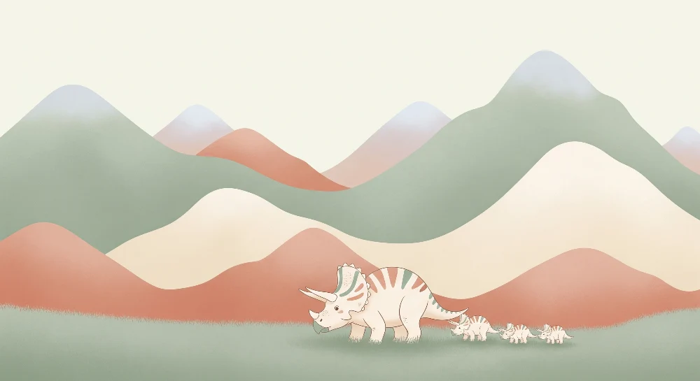 Papel de parede crianç | Triceratops e seus filhotes em uma paisagem suave