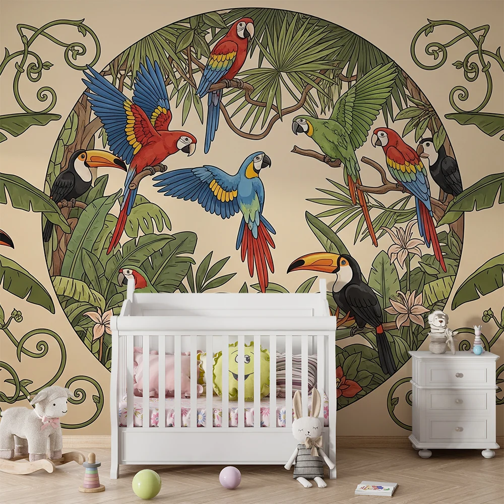 Papel de parede crianç | Tropical paradise colorful parrots and toucans