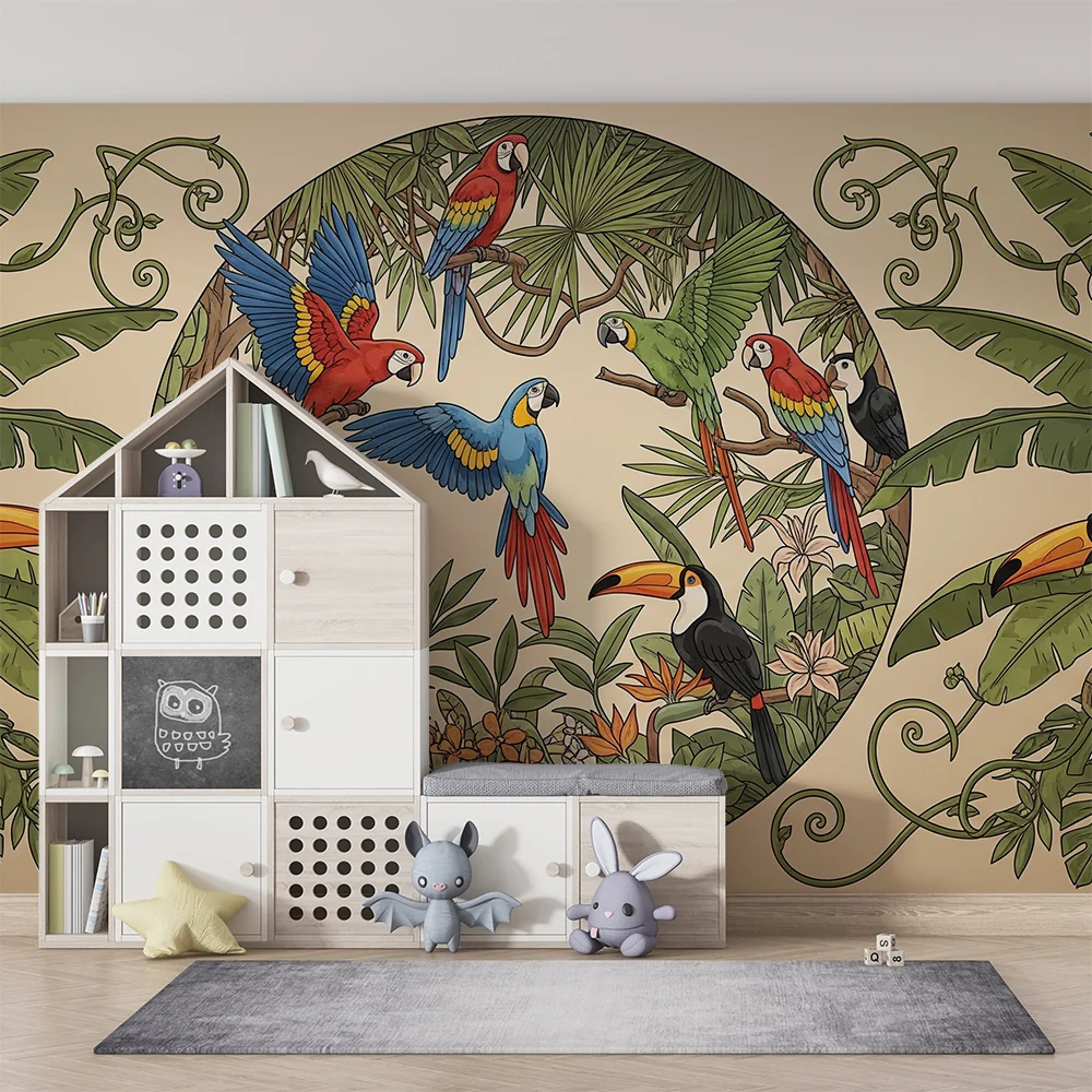 Papel de parede crianç | Tropical paradise colorful parrots and toucans