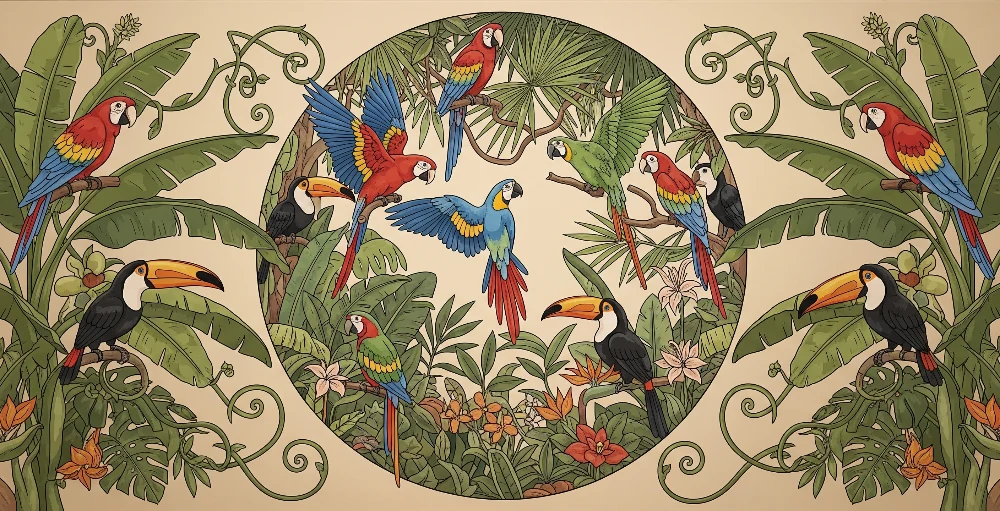 Papel de parede crianç | Tropical paradise colorful parrots and toucans