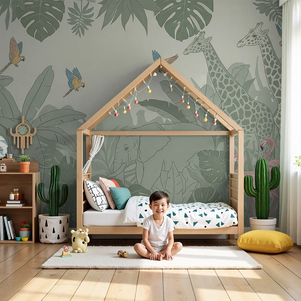 Papel de parede crianç | Tropical safari com elefantes e flamingos