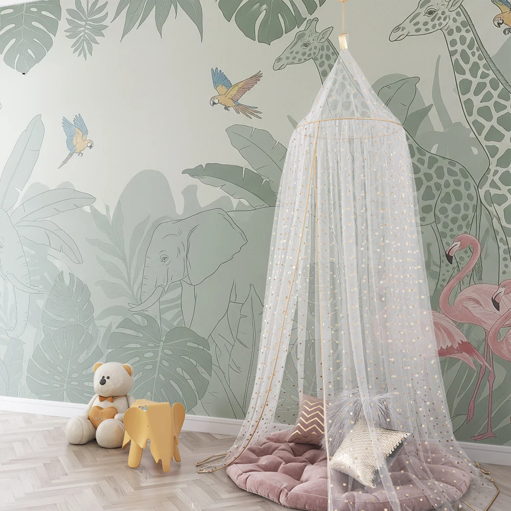 Papel de parede crianç | Tropical safari com elefantes e flamingos