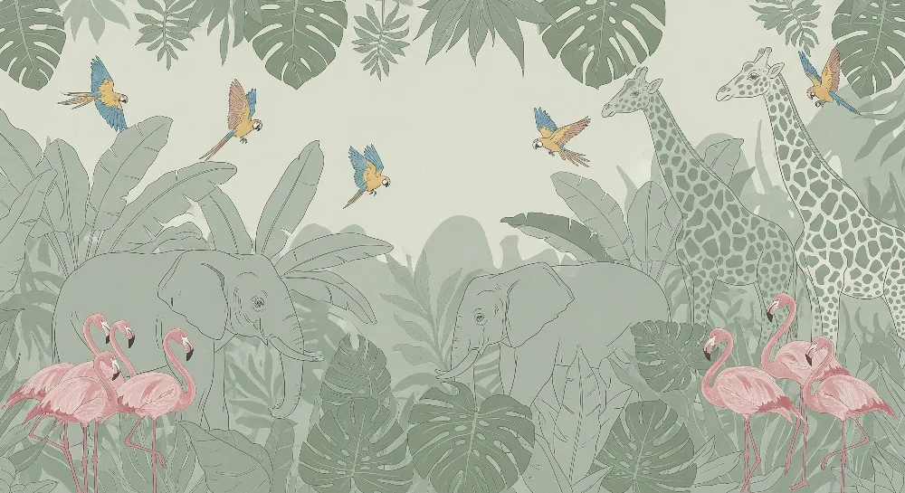 Papel de parede crianç | Tropical safari com elefantes e flamingos