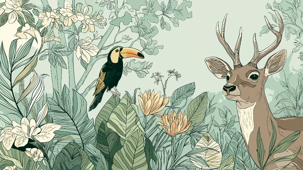 Papel de parede crianç | Tucano e veado no coração de uma selva floral