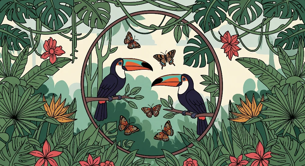 Papel de parede crianç | Tucanos e borboletas em uma selva em esfera