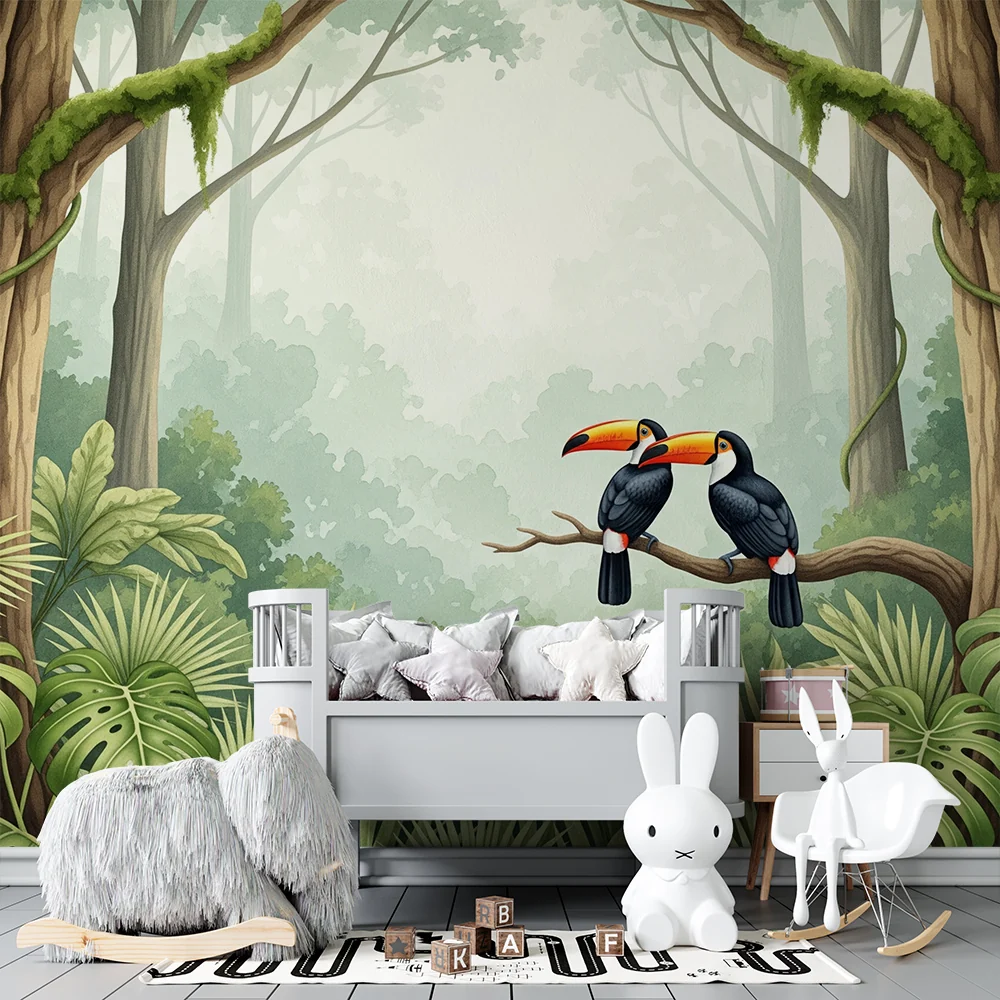 Papel de parede crianç | Tucanos coloridos em uma selva exuberante