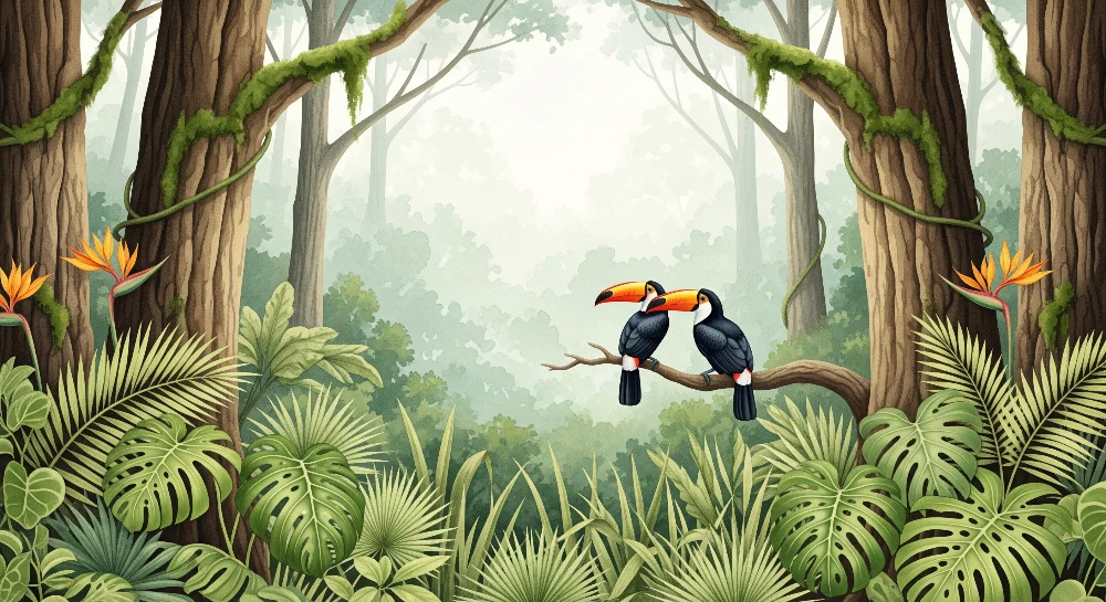 Papel de parede crianç | Tucanos coloridos em uma selva exuberante