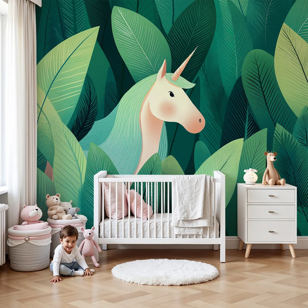 Papel de parede crianç | Unicornio escondido em uma selva luxuriante