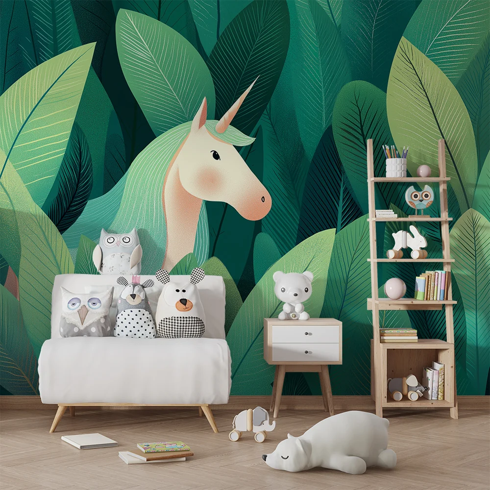 Papel de parede crianç | Unicornio escondido em uma selva luxuriante