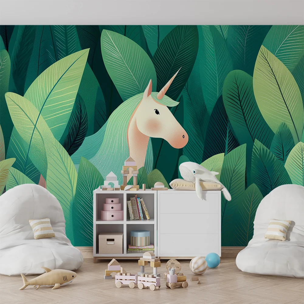 Papel de parede crianç | Unicornio escondido em uma selva luxuriante