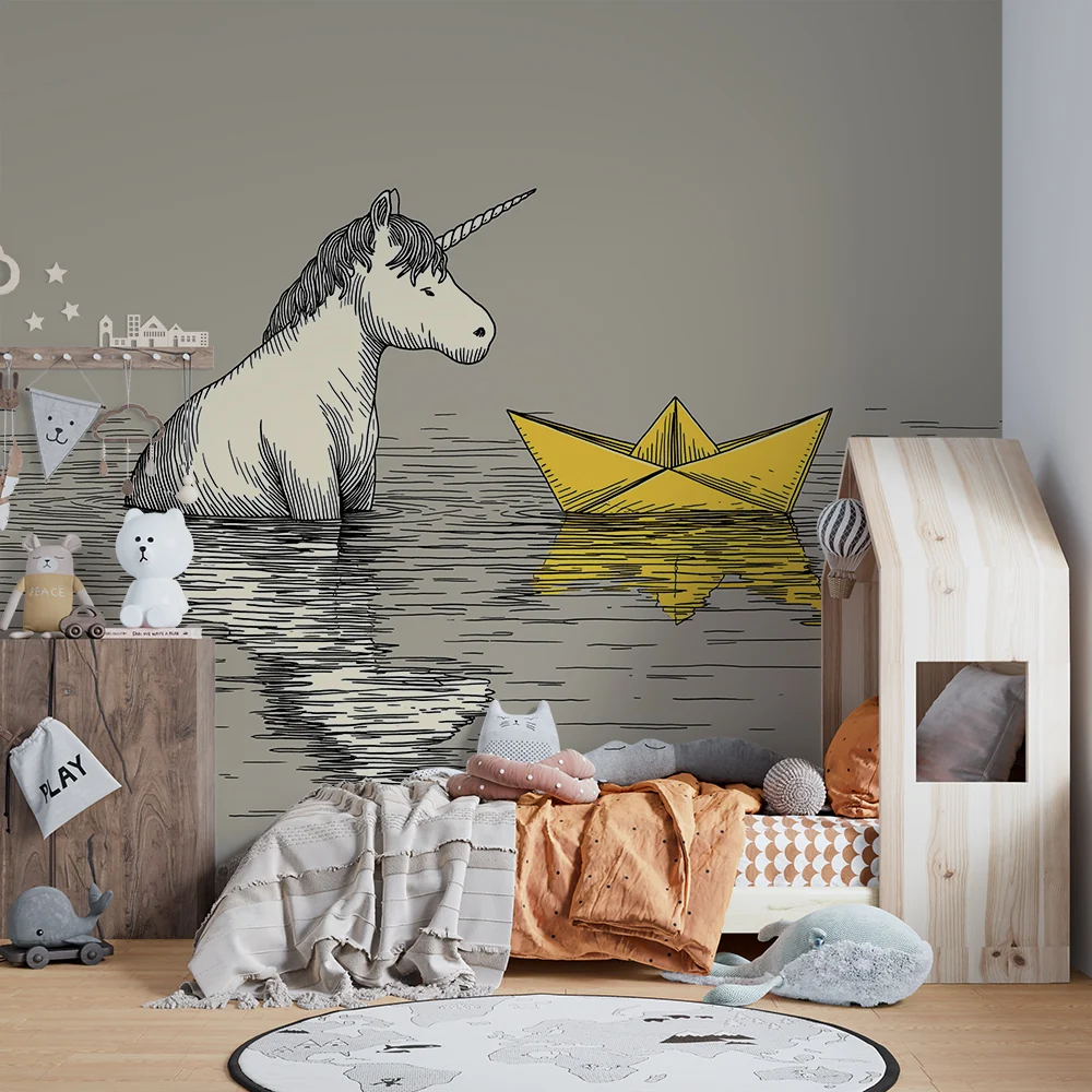 Papel de parede crianç | Unicórnio sonhador e barco de papel em um lago tranquilo