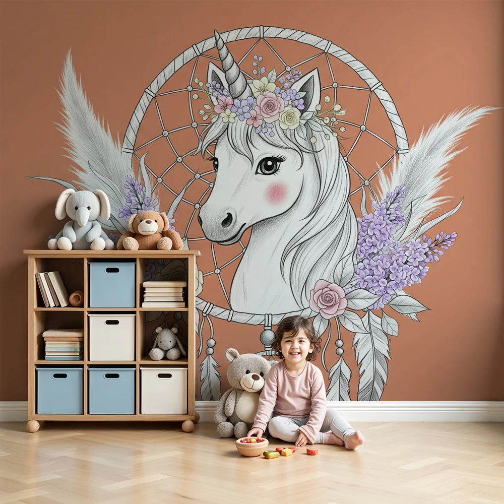 Papel de parede crianç | Unicórnio sonhador e floral dreamcatcher