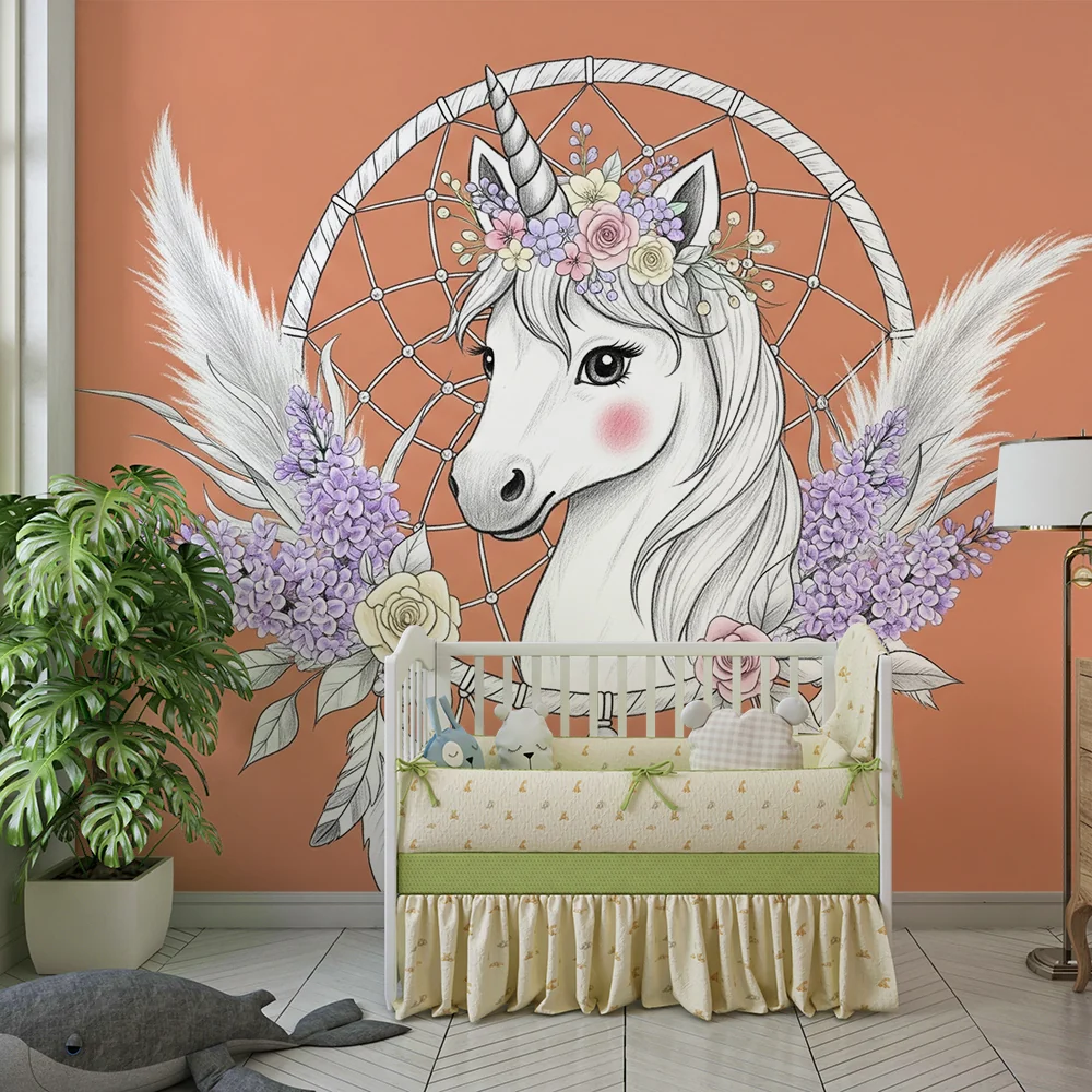 Papel de parede crianç | Unicórnio sonhador e floral dreamcatcher
