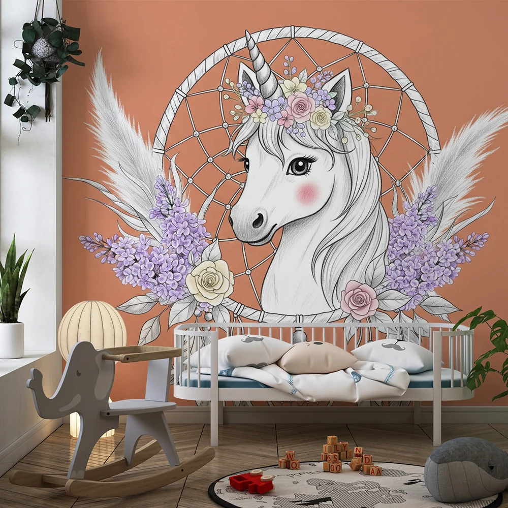 Papel de parede crianç | Unicórnio sonhador e floral dreamcatcher