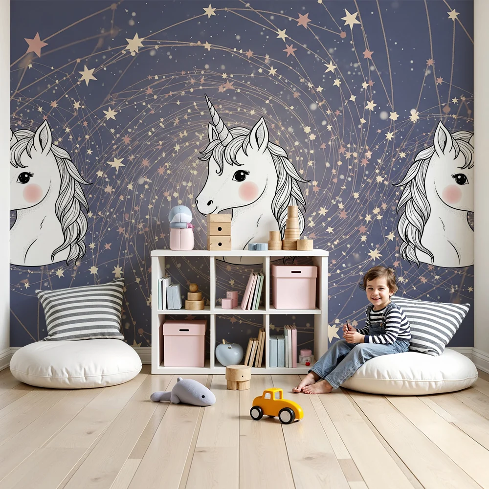 Papel de parede crianç | Unicórnios e estrelas brilhantes
