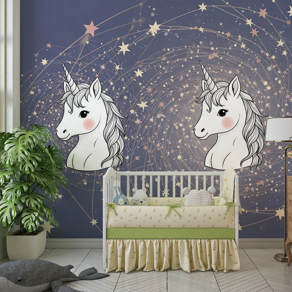 Papel de parede crianç | Unicórnios e estrelas brilhantes