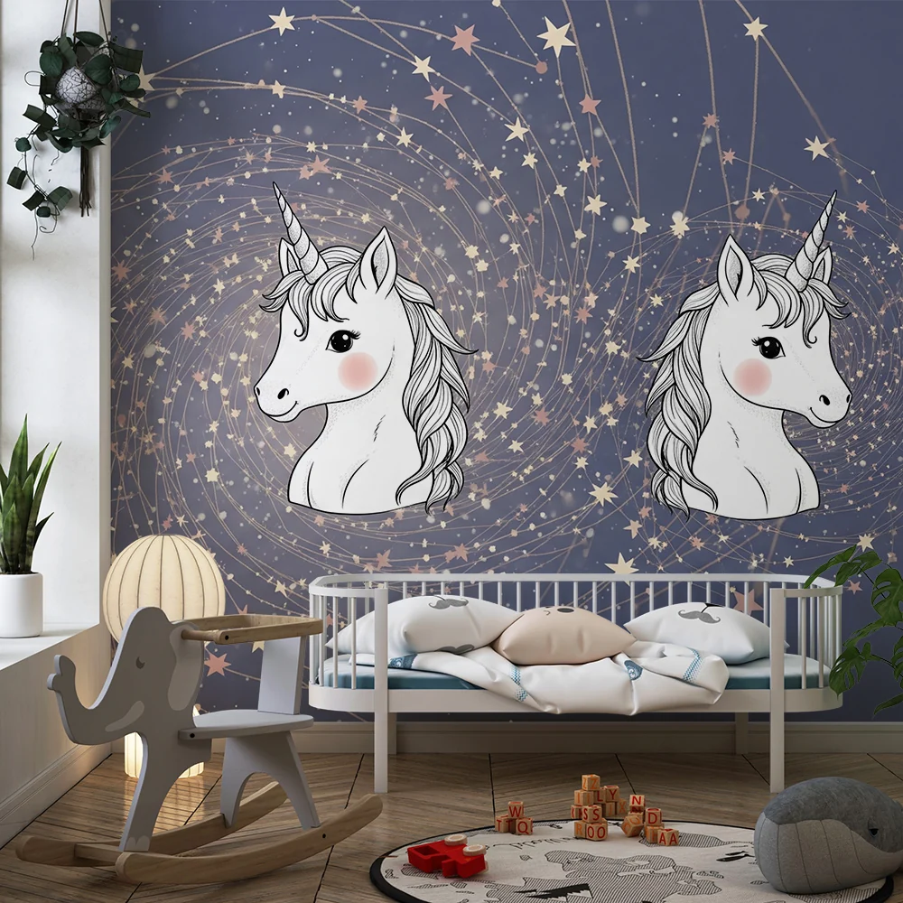 Papel de parede crianç | Unicórnios e estrelas brilhantes