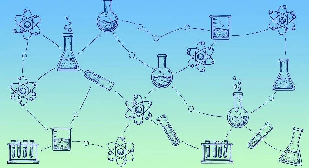 Papel de parede crianç | Universo científico com tubos de ensaio e átomos