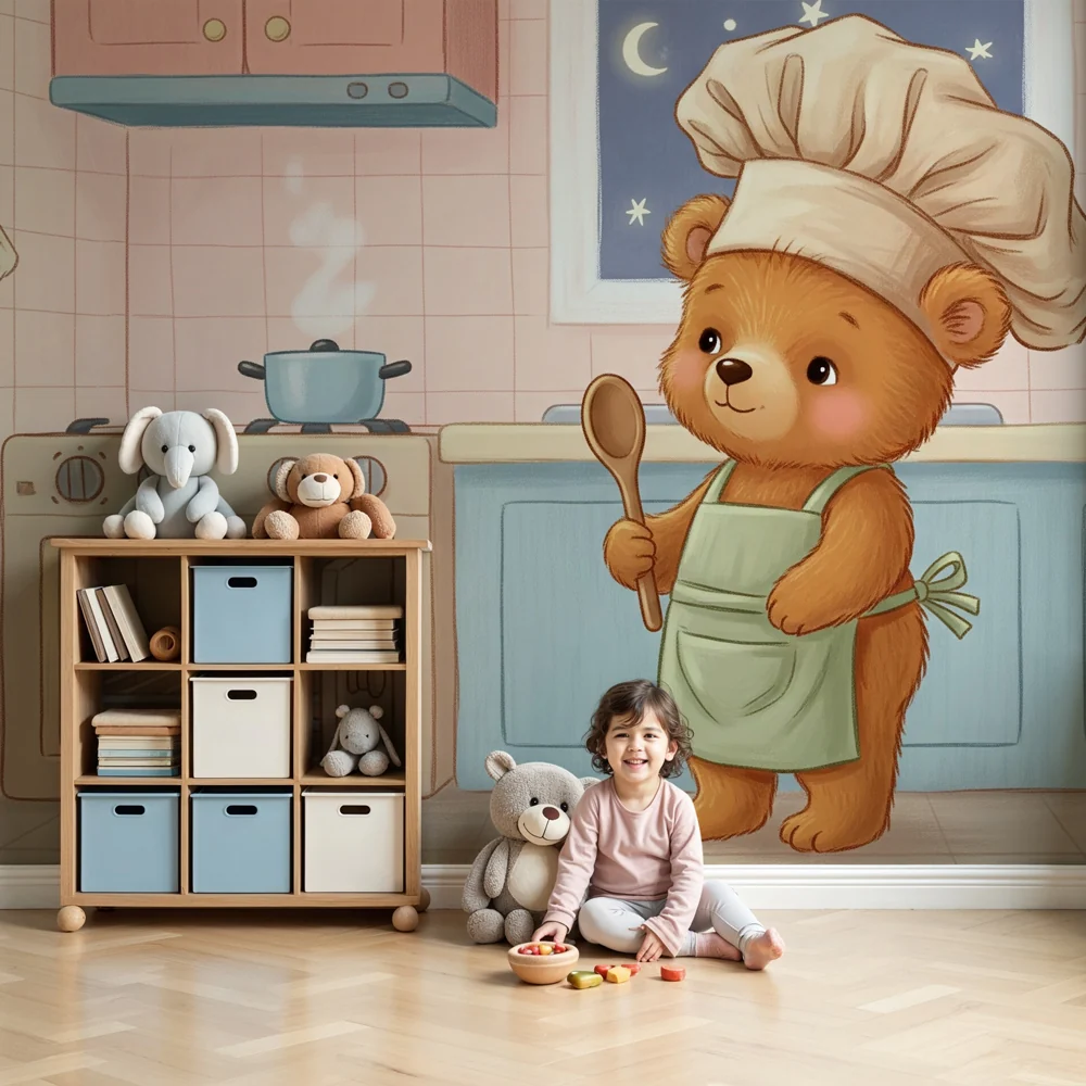 Papel de parede crianç | Urso chef na cozinha