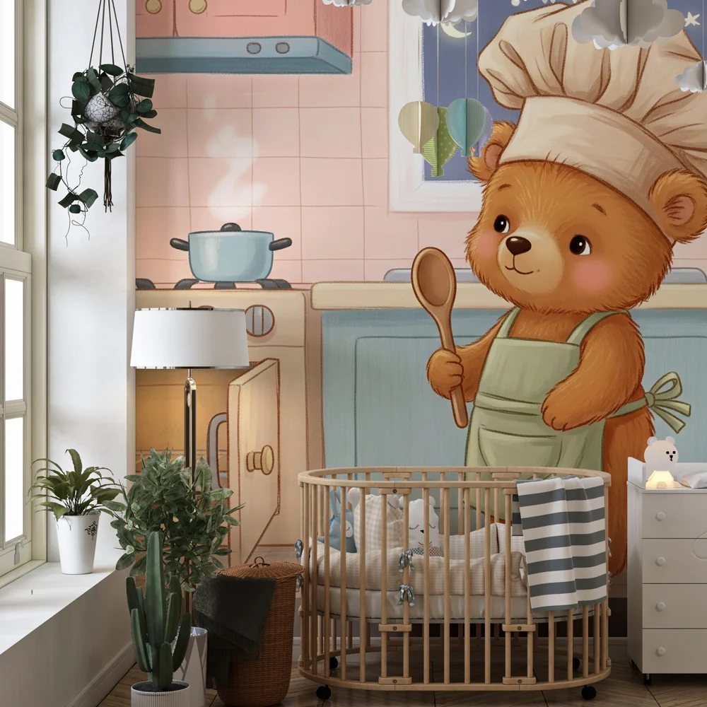 Papel de parede crianç | Urso chef na cozinha