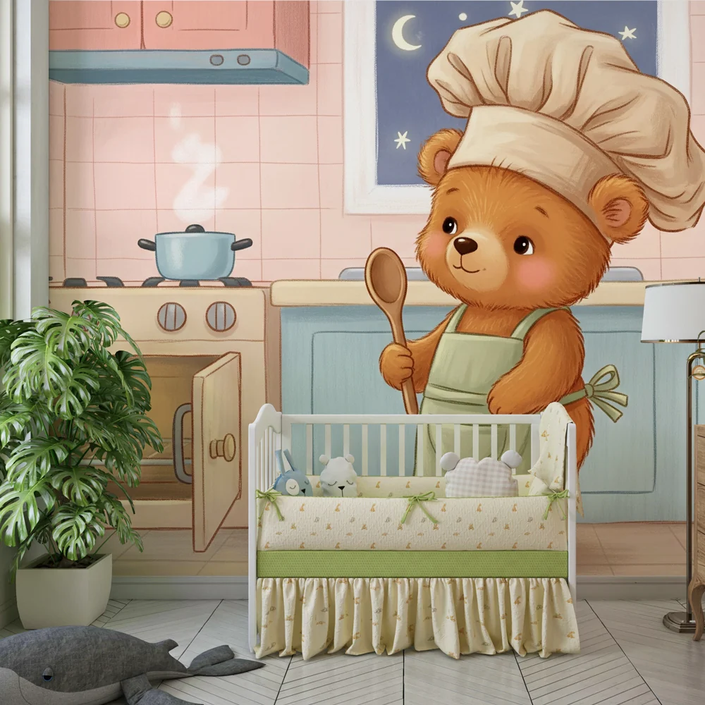 Papel de parede crianç | Urso chef na cozinha